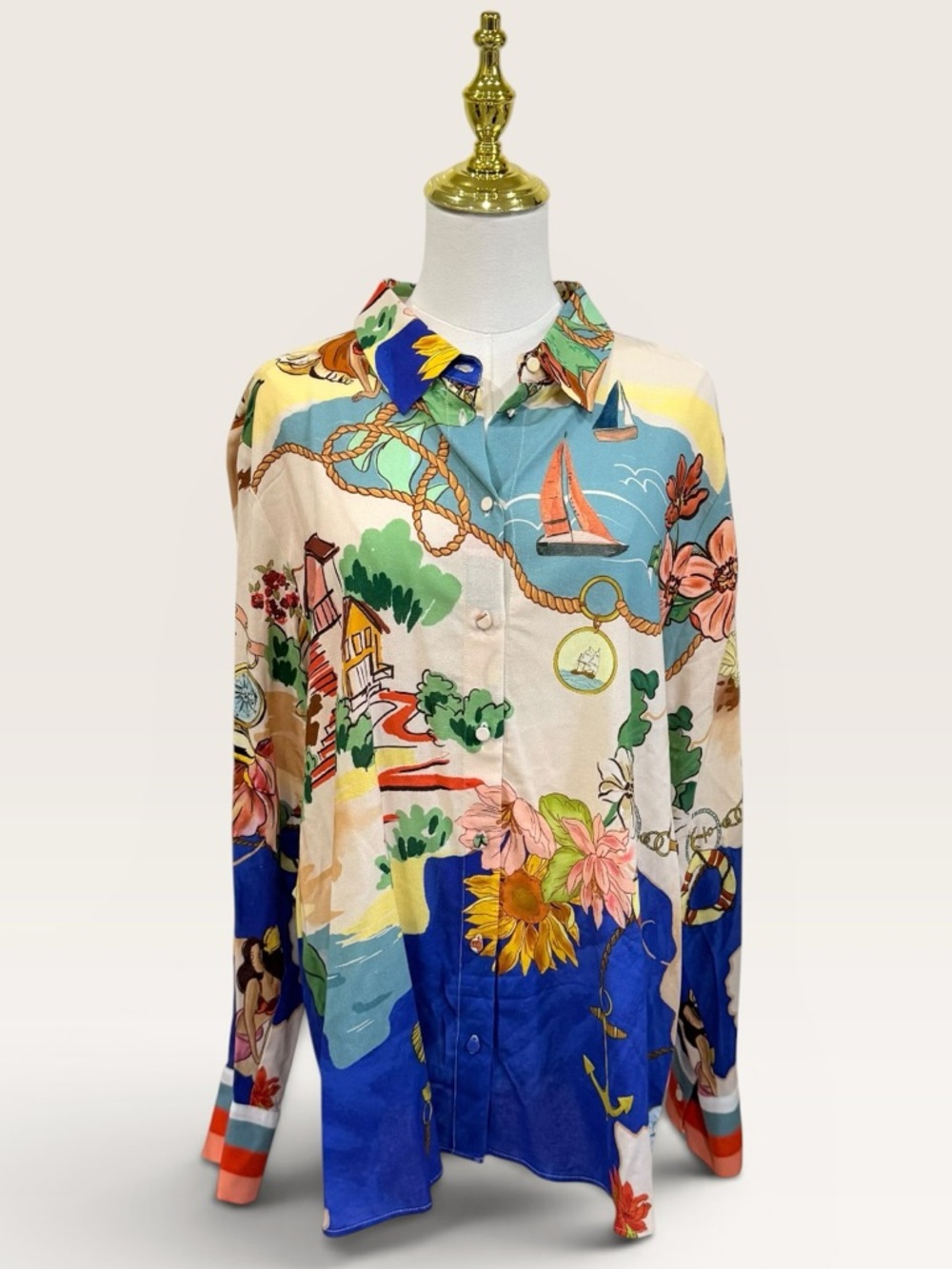 Antonio Melani Polina Linen Long Sleeve Button Down Blouse Ocean Print Large NWT - Picture 4 of 14